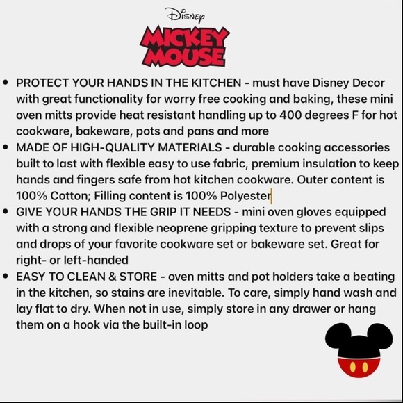 Disney Oven Mitts 2 Pack Mickey Minnie Mouse Oversized Mini Mitts Black Pink - Picture 4 of 16